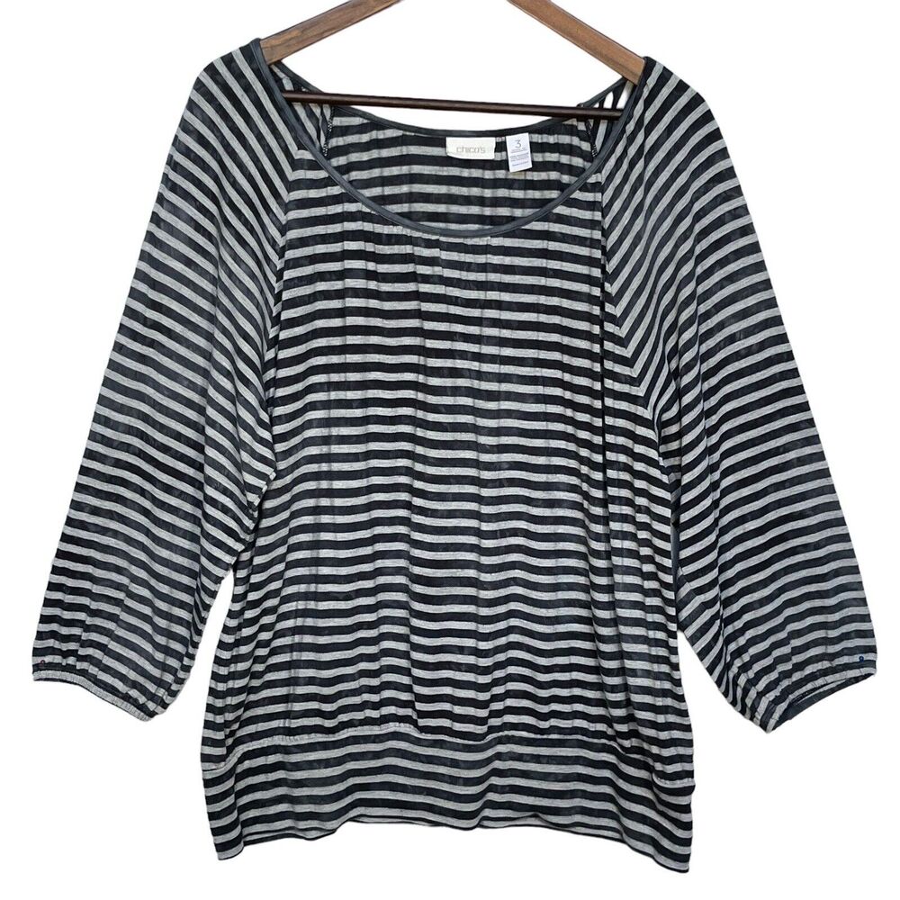 Chico's‎ Blouse Women Size 16 Blue Striped Raglan Sleeve Stretch Bleached-Look